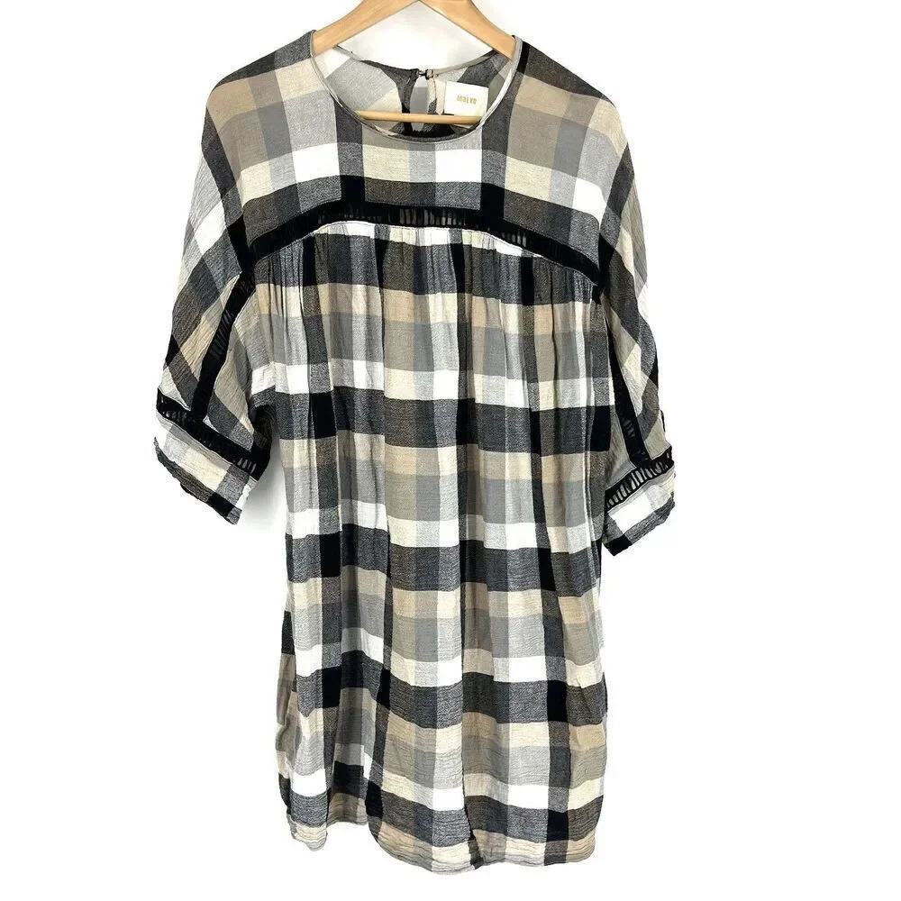 Maeve Anthropologie Dress Size Small Black White Plaid Kimono Tunic Pockets